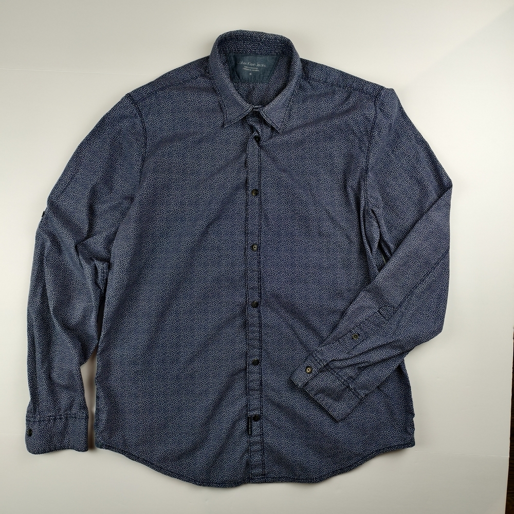 Calvin Klein Jeans Men’s Patterned Button Down Shirt M Navy Blue Long Sleeve